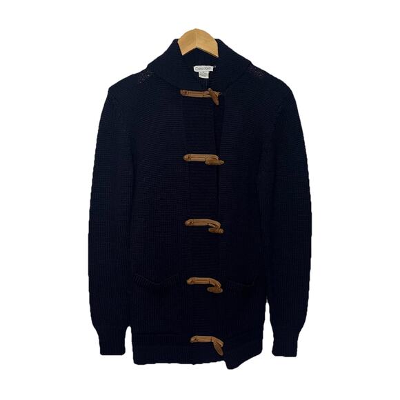 Calvin Klein 100% Wool Leather Toggle Shawl Collar Chunky Sweater Women’s Medium - Picture 2 of 6